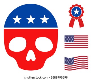 Icono del cráneo muerto en colores azul y rojo con estrellas. El estilo de ilustración del cráneo muerto utiliza los colores oficiales americanos de los partidos políticos demócratas y republicanos y formas estelares.