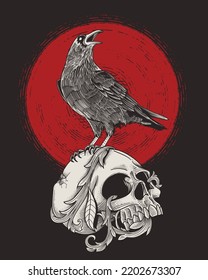 dead skull with standing raven