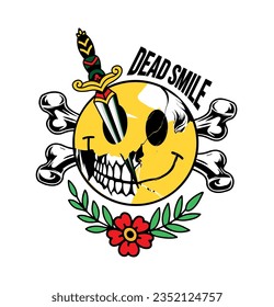 Dead Smile Face. Dead Eye. Old school Smile. Bones, sword, flowers, skeleton, kill, traditional Free Vector
