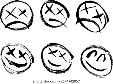 Dead Smiley Faces Grunge Brush Stroke Drawing Vector Set