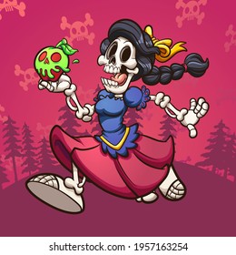 Dead Snow White skeleton running with poisoned apple. Vector clip art illustration with simple gradients. Some elements on separate layers.

