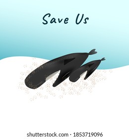 A dead stranded whale and baby on sand beach vector for climate change and global warming campaign