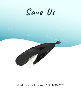 A dead stranded whale on sand beach vector isolated on white background for climate change and global warming campaign