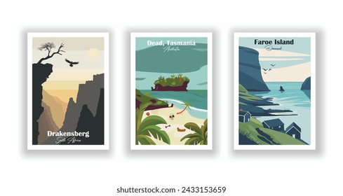 Dead, Tasmania, Australia. Drakensberg, South Africa. Faroe Island, Denmark - Set of 3 Vintage Travel Posters. Vector illustration. High Quality Prints svg