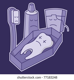 Dead tooth in coffin with toothbrush, toothpaste and dental floss, mauve cartoon illustration.