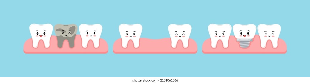 Dead tooth, lost stage, dental implant cute character in gum isolated on blue background. Teeth and implant prosthesis concept. Flat design cartoon kawaii vector orthodontist dentistry illustration.