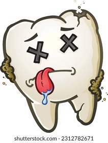 A dead tooth pulled out of somebody's rotting mouth with X's for eyes and his tongue sticking out and drooling cartoon character vector illustration