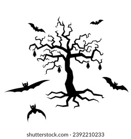 Dead tree and bats silhouette illustration vector in cartoon style on white background. Halloween element. Halloween concept.
