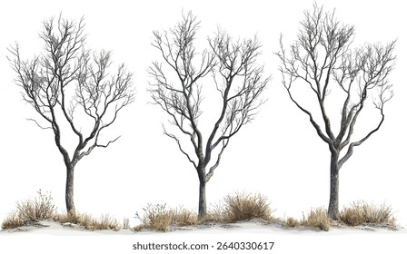 Dead tree branches vector, cutout tree limbs, dry twigs, silhouette bare trees, leafless tree shapes, transparent background, isolated elements, nature clip art, artistic barren trees
