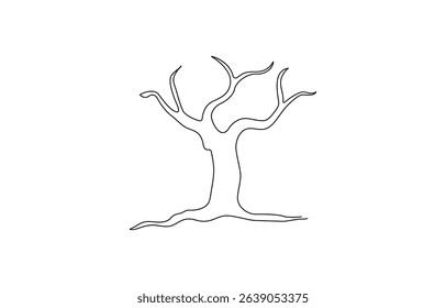 Dead tree. Continuous concept nature banner. Line art, outline, tree drawn by one line. dead tree illustration. one line. simple drawing