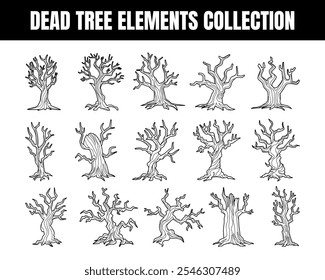 Dead tree elements outline vector illustration set