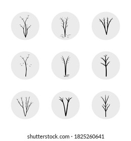 Juego de iconos de árbol muerto.Árboles oscuros antiguos con raíces. Árboles forestales muertos vectores. Ilustración de árbol muerto de silueta negra