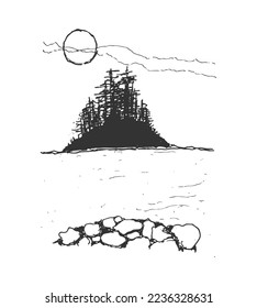 Dead tree island silhouette hand drawn rough pencil sketch vector illustration art  Hand drawn dead tree landscape night time vector illustration 