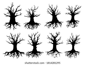 Dead tree isolated silhouettes of vector ecology and Halloween design. Old forest trees with black bare branches, dry roots and trunks, gnarled bough, twisted sticks, crowns and bark