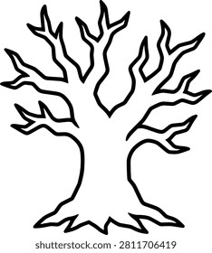 Dead tree line art drawing, creepy forest element for coloring book, halloween branch outline vector, spooky woodland silhouette, gnarly trunk design, twisted branches illustration, scary nature scene element