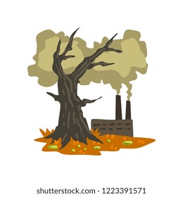 Dead tree and polluting factory, ecological problem, environmental pollution concept, vector Illustration on a white background