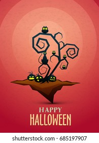 Dead Tree with scary pumpkins, owls and cat on grungy background, Happy Halloween Poster, Banner, Flyer or Template design.