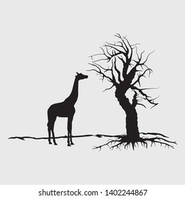 Dead tree silhouette. Vector old dry oak without leafs and giraffe isolated - Vector