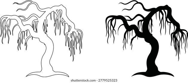 Dead tree silhouette with weeping branches, spooky willow outline for halloween, scary nature element for design.