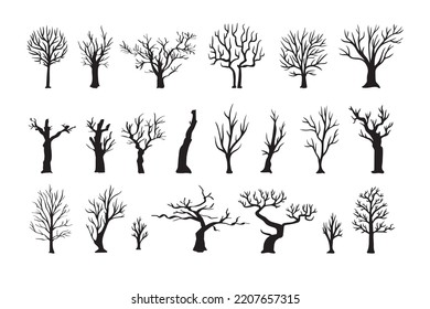 Dead tree silhouettes. dying black scary trees forest illustration. natural dying old tree of set. Vector illustration