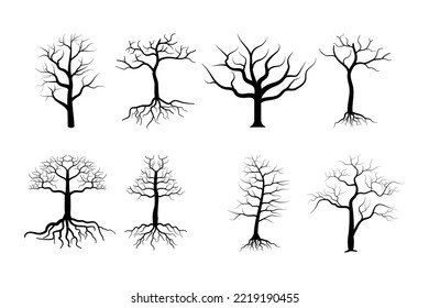 Dead tree silhouettes vector. Dying black scary Spooky trees forest illustration image