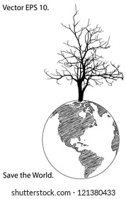 Dead Tree Stand Alone on Earth Globe for Save the World concept Vector Illustration sketched, EPS 10.