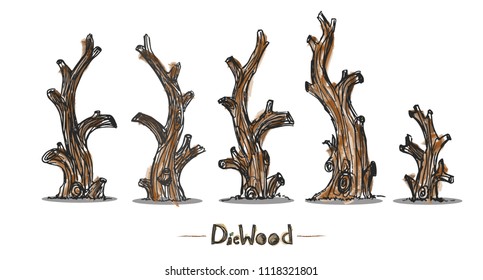 Dead tree vector isolate set on white ground.