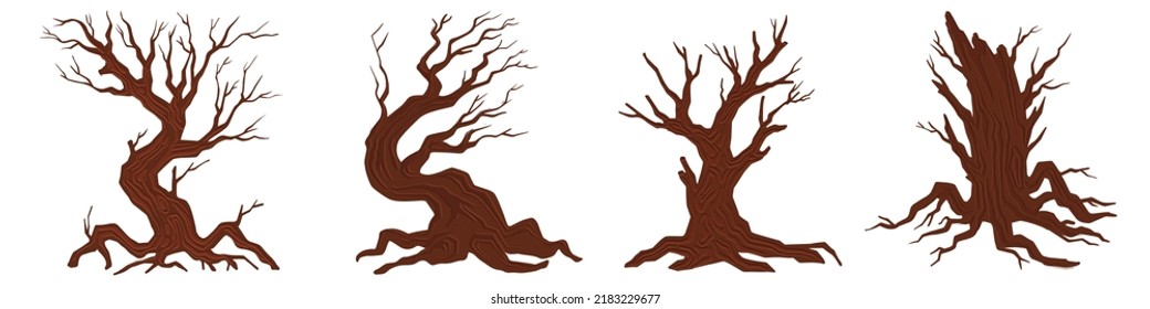 Dead Tree Vector Set, Dry Naked Branch Silhouette, Scary Halloween Forest, Spooky Autumn Bark. Winter Graveyard Oak Wood Kit, Bare Roots, Leafless Trunk Clipart On White. Dead Tree Environment Icon