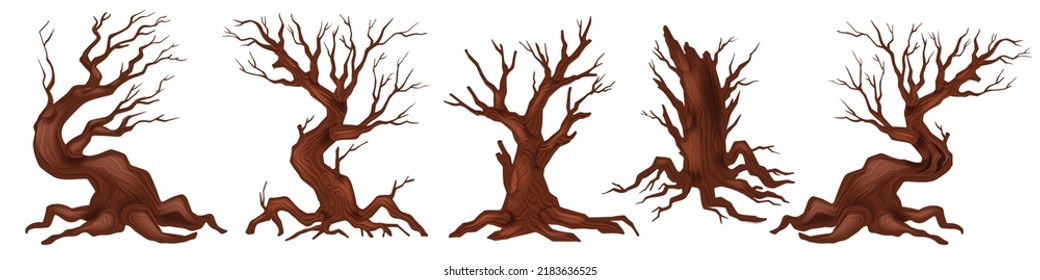 Dead Tree Vector Set, Spooky Autumn Bark, Dry Naked Branch Silhouette, Scary Halloween Forest. Winter Graveyard Oak Wood Kit, Leafless Trunk Clipart On White, Bare Roots. Dead Tree Environment Icon