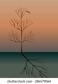 Dead Tree without Leaves. One leave. Save the earth. Vector Illustration