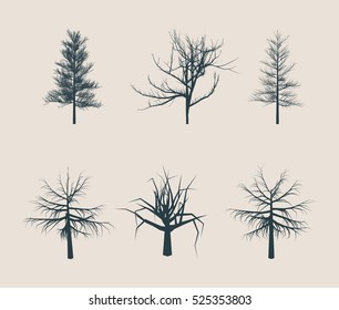 Dead Tree without Leaves Silhouettes. Vector Illustration Sketched. Autumn trees collection