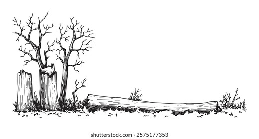 dead trees with broken trunks and fallen log in monochrome hand-drawn style