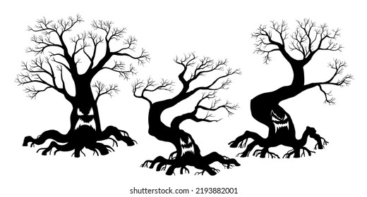 Dead trees  Halloween cartoon characters  Vector illustration in funny comic style  isolated white background 