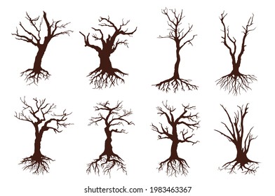 Dead trees isolated vector black silhouettes. Dry wood with no leaves, naked branches and long roots, nature ecology problems, winter or autumn season plants with rough barks, dead forest icons