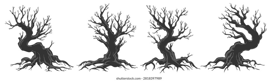 Dead trees. Scared naked tree silhouettes vector illustration