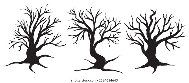 Dead Trees silhouettes. vector black bare tree branches. Winter trees collection. Dead Tree without Leaves Vector Illustration Sketched. Nature template. Clipart. Dry cartoon tree