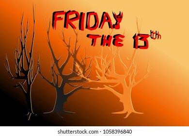 Dead trees in yellow and red light - Concepts of Halloween, Friday the 13th, mystery. Black and orange area on the bottom is for adding extra text (copy space). Vector illustration, EPS10.