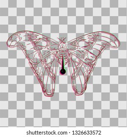Dead tropical butterfly on a pin for collectors in trendy flat style with visual anaglyph stereoscopic effect isolated. Vector illustration in surrealism modern art style with chromatic aberration.
