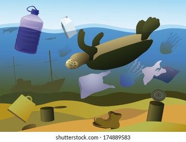 Dead turtle, jellyfish and fish on a background of debris on the seabed.