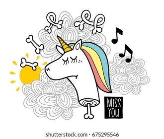 Dead unicorn with bones. Vector illustration for print or sticker.