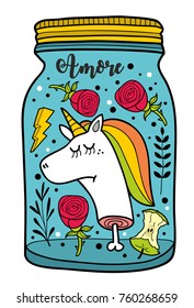 Dead unicorn head in the jar. Colorful vector illustration isolated on the white background.