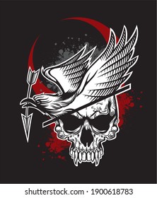 Dead Viking Skull With Crow On Head And Arrow Line Vector Drawing For T-shirt And Dark Black Art Background Pattern Red Moon Blood Halloween