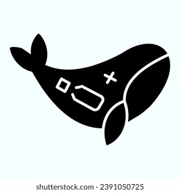 Icono sólido de ballena muerta. Desastre ecológico de la basura plástica en la ilustración oceánica aislada en blanco. Diseño de estilo glifo de muerte de plástico para animales oceánicos, diseñado para web y aplicación. Eps 10