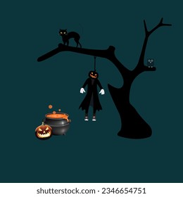 Dead witch hanging on tree. Horror or scary Halloween illustration concept