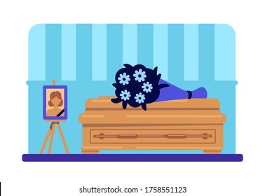 Dead Woman Coffin And Photo Flat Color Vector Illustration. Funeral Procession. Burial Ceremony. Ritual Service. Home Room 2D Cartoon Interior With Deceased Female Picture And Flowers On Background