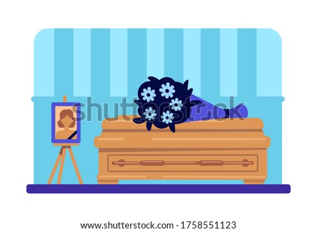 Dead woman coffin and photo flat color vector illustration. Funeral procession. Burial ceremony. Ritual service. Home room 2D cartoon interior with deceased female picture and flowers on background