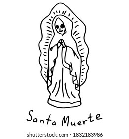 Dead woman statue on white isolated backdrop. Santa muerte statuette for invitation or gift card, notebook, bath tile, scrapbook. Phone case or cloth print art. Doodle style stock vector illustration