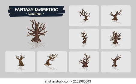 Dead Wooden Trees Fantasy game assets - Isometric Vector Illustration