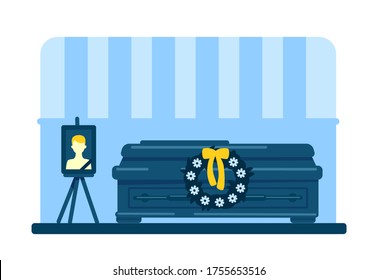 El ataúd de un joven muerto y la ilustración de un vector de color plano fotográfico. Ceremonia fúnebre. Servicio ritual. Interior de dibujos animados en 2D en la habitación del hogar con imágenes masculinas fallecidas y flores en el fondo