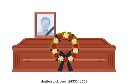 Dead young man coffin and photo. Funeral ceremony. Ritual service. Male picture and flowers wreath on coffin. Vector illustration